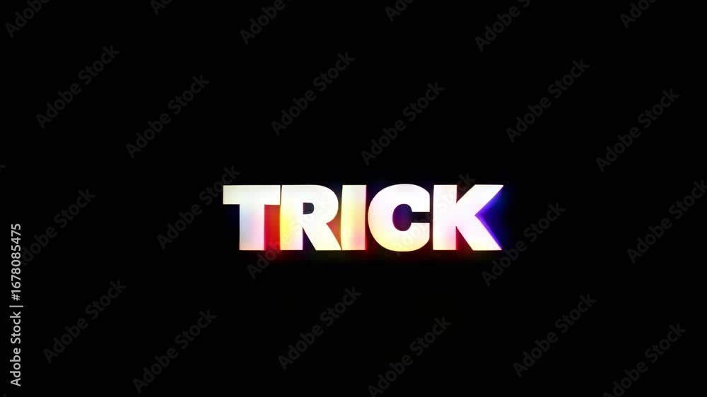 Poster stylized text animation displaying the word 'trick' in vibrant colors against a dark background, wit