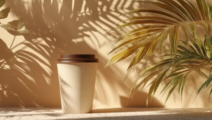 Beige coffee cup, tropical leaves, sunlight shadows