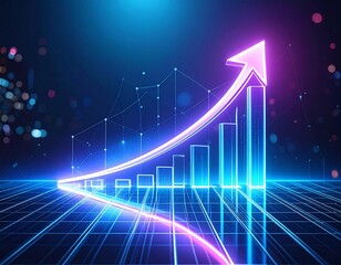 A glowing, futuristic chart illustrating upward growth with a rising arrow and bar graphs.