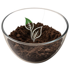 Fresh potting soil with a seedling symbol in a clear bowl symbolizes growth and sustainability for eco-friendly gardening concepts