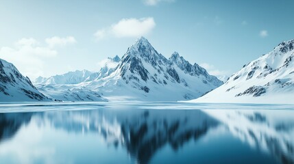 snow-covered mountain range with lake reflection under blue sky, winter landscape panorama for banner or presentation background showcasing ice and water concepts