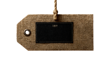 Rustic burlap tag with black label, isolated on transparent background