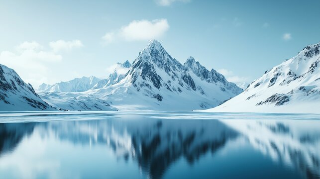 snow-covered mountain range with lake reflection under blue sky, winter landscape panorama for banner or presentation background showcasing ice and water concepts