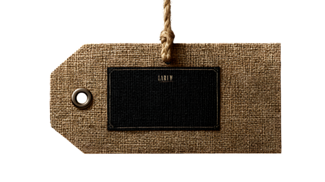 Rustic burlap tag with black label, isolated on transparent background