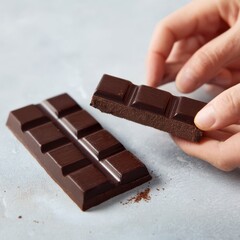 Delicious Dark Chocolate Bar with Hand Taking a Piece on Brown Wooden Background