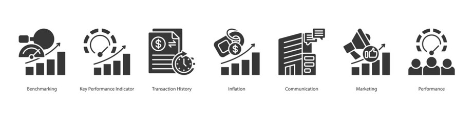 Performance Metrics banner web icon set vector illustration concept with icon of benchmarking, key performance indicator, transaction history, inflation, communication, marketing, performance