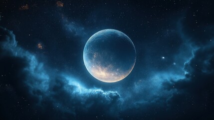 Solitary blue planet floating in dark sky with swirling clouds and stars, large textured moon reflecting light against endless expanse of space evoking mystery