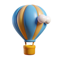 Obraz premium Whimsical 3d rendered blue and yellow striped hot air balloon with fluffy cloud isolated on transparent background