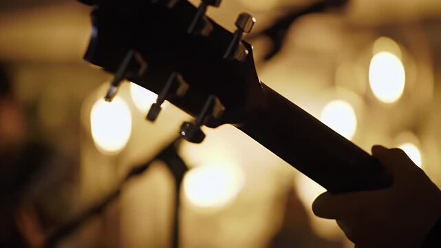 Close Up of a Musician Playing Acoustic Guitar on Stage at Night