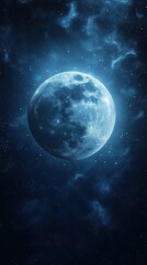Fantasy night sky with a beautiful glowing blue moon against a dark starry background, creating a mystical and enchanting celestial scene