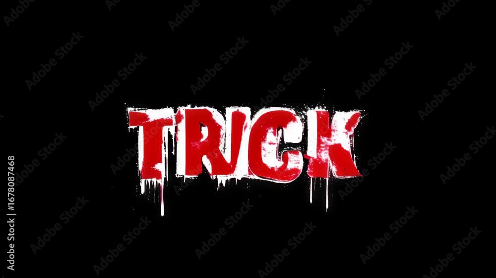 Aufkleber dynamic animated text with the word 'trick' in bold, dripping red and white letters on a black backg