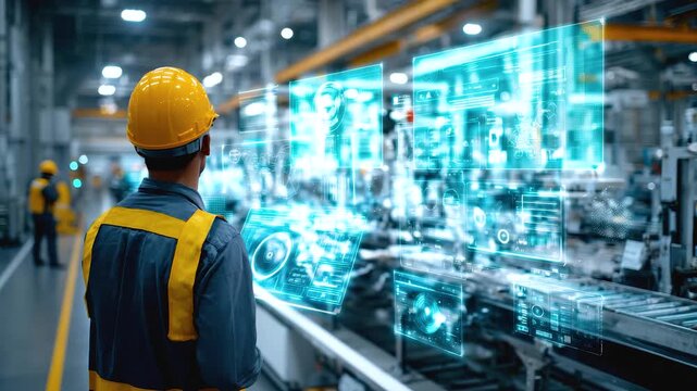Industrial worker wearing helmet and vest analyzing real time visual analytics transparent digital screens for process improvement factory