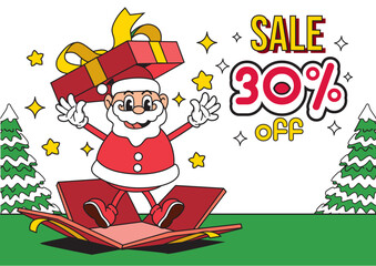 Cheerful Santa Claus emerging from a gift box with a festive atmosphere promoting a holiday sale of 30 percent off. Christmas concept