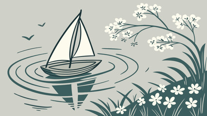 Sailboat illustration on lake with flowers and birds vector graphic design template asset stock image