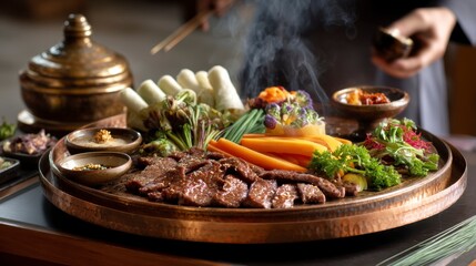 Delicious Bulgogi Beef Served Fresh on a Copper Grill Table