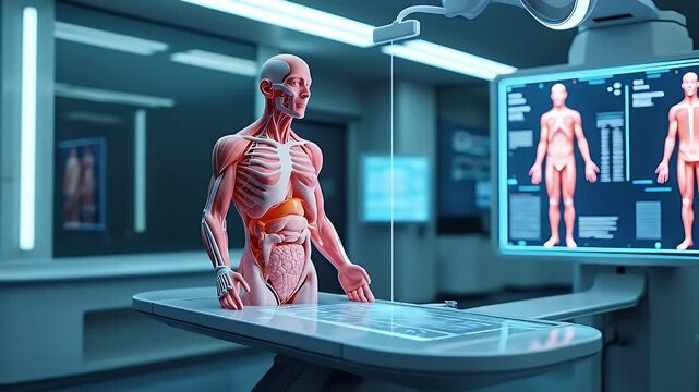 Virtual medical training simulator with human anatomy model, surgery practice, futuristic holographic interface, immersive healthcare technology