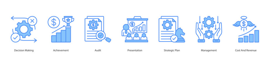 Strategic Management banner web icon set vector illustration concept with icon of decision making, achievement, audit, presentation, strategic plan, management, cost and revenue