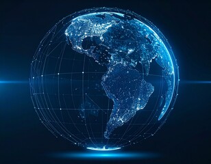 A digitally rendered globe, highlighting global connectivity and illuminated city lights.