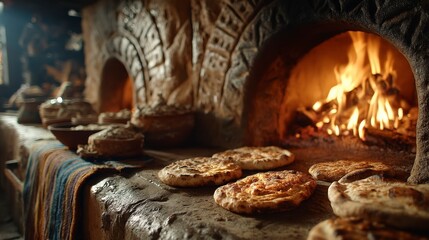 Obraz premium Chef Baking Naan Bread in Traditional Tandoor Oven with Flames