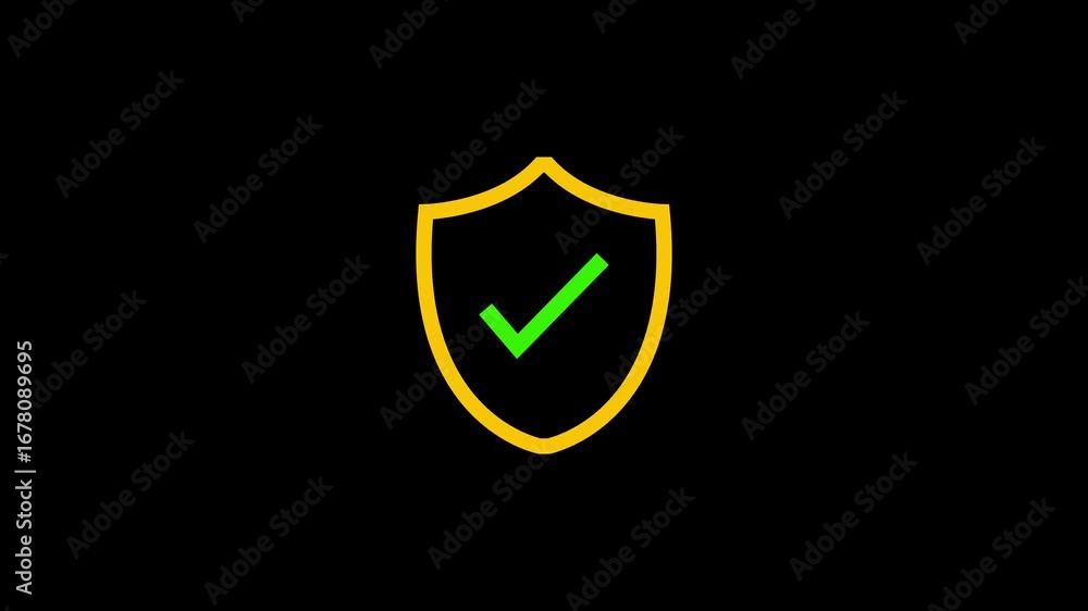 Poster neon shield icon with check mark sign animation on black background. shield security icon motion gra