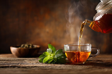 Fototapeta premium Steaming hot tea poured into a glass mug with vibrant mint.