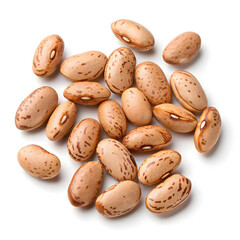 Close-up of pinto beans isolated on a white background, highlighting their speckled light brown