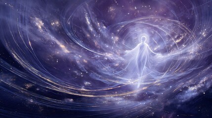 grand cosmic figure charting unseen celestial paths, surrounded by swirling galaxies and luminous planetary arcs, ethereal light flowing through translucent form, conceptual space art 