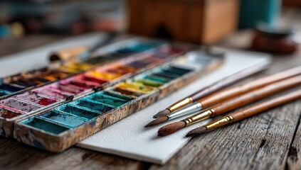 Fototapeta premium Watercolor paints and brushes on a rustic wooden table. A variety of colors in a paintbox sit beside paintbrushes on a sheet of white paper