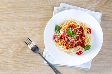 Pasta with tomato sauce and basil, food. Italian food