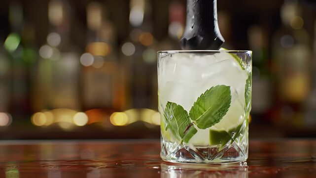 Muddling a Refreshing Mojito Cocktail with Lime and Mint on a Polished Bar Featuring Ice Cubes and a Softly Blurred Liquor Bottle Background Perfect for Summer Vibes and Gastronomy Promotion
