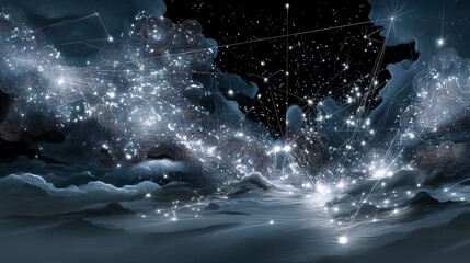 divine cartographer of the universe, vast silhouette shaping constellations and planetary systems in midair, glowing lines and stars connecting across the scene, cosmic conceptual art 