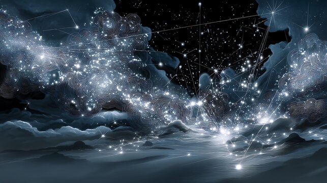 divine cartographer of the universe, vast silhouette shaping constellations and planetary systems in midair, glowing lines and stars connecting across the scene, cosmic conceptual art 