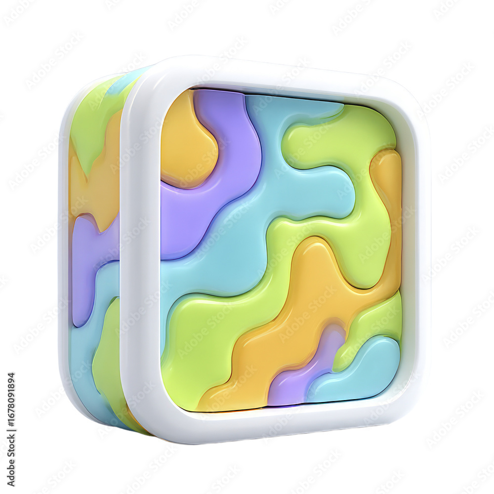 Poster abstract 3d cube with smooth flowing colorful shapes inside a white border