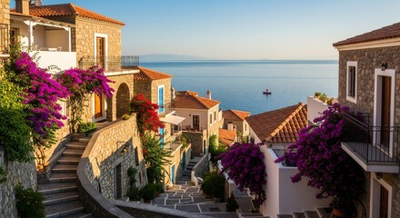 Fototapeta premium A charming coastal village with traditional stone houses, vibrant bougainvillea, and winding steps leading down to the serene blue sea under a clear sky.