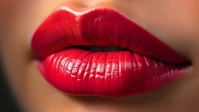 Female red glossy lips with lipstick sensually and sexually open and close the mouth, creating an image of beauty, seductiveness and femininity.