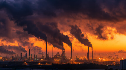 Sunset Factory Chimneys with Dark Smoke