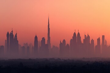 Obraz premium Majestic Dubai Skyline at Sunset with Towering Skyscrapers and Beautiful Golden Horizon