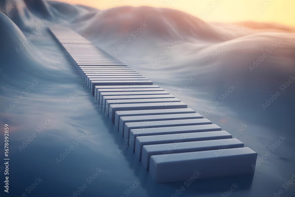 Poster a surreal and abstract pathway of piano keys stretches across a dreamlike landscape of rolling waves