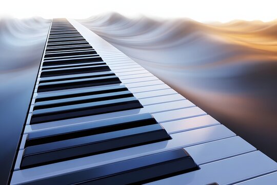A surreal and imaginative concept of a piano keyboard transforming into a pathway leading upwards through swirling clouds towards a golden sunrise symbolizing musical inspiration and artistic journey