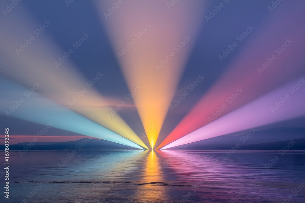 Poster vibrant spectrum of colorful light beams radiating outwards across a calm body of water at dusk crea