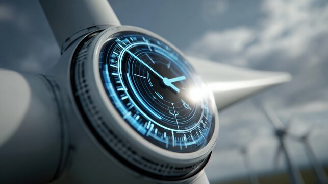 Modern Wind Turbine with Futuristic Interface and Digital Display Showing Renewable Energy Technology