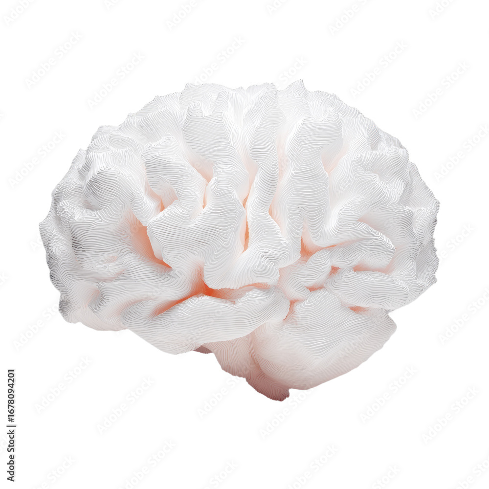 Poster abstract textured white human brain model smooth contours intricate patterns isolated on black