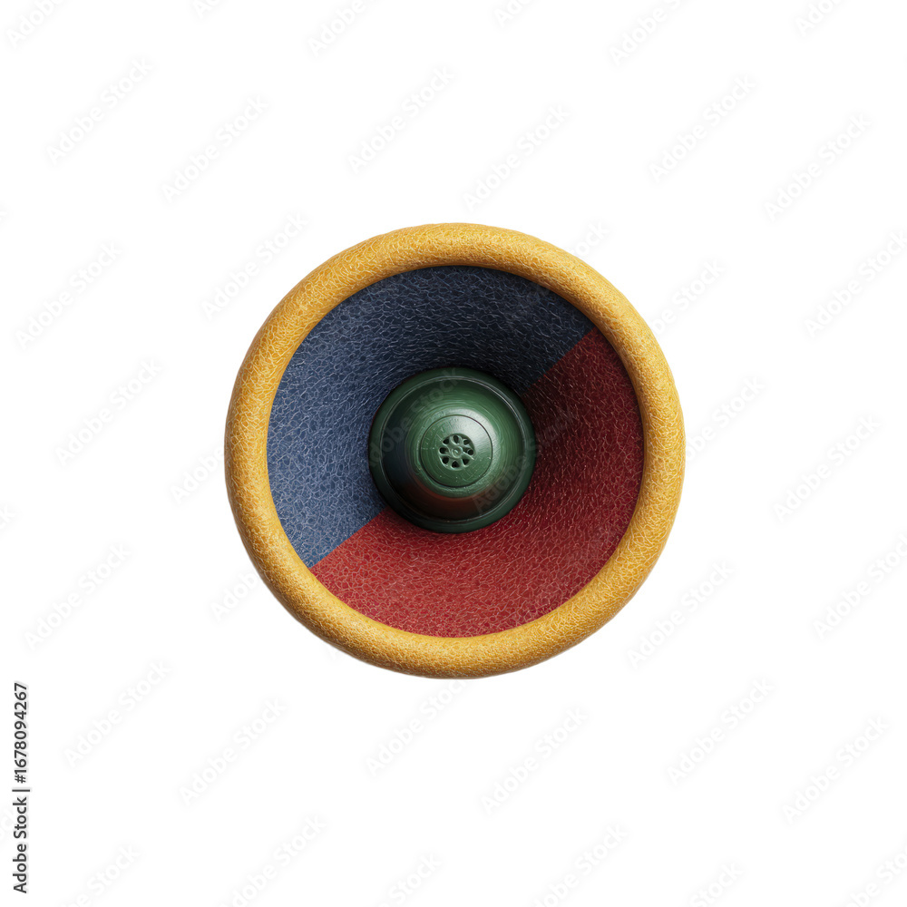 Poster circular object with textured surface in red blue and yellow segments featuring a green center