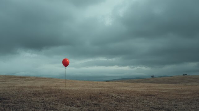 Red Balloon Standing Alone in a Vast Open Field Under Dramatic Cloudy Sky