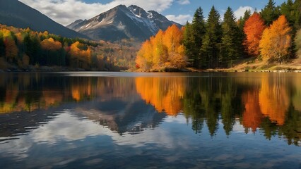 Fototapeta premium Serene mountain lake reflecting autumn trees and snow capped peaks