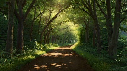 Fototapeta premium Sunlight filters through a lush green forest canopy onto a winding dirt path