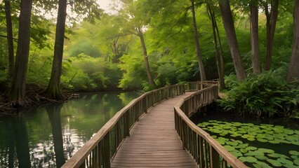 Obraz premium Curving wooden boardwalk bridge over a tranquil forest pond with lush green trees and lily pads