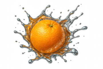 Orange fruit making a splash with silver liquid, isolated on transparent background, ideal for compositions