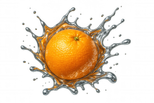Orange fruit making a splash with silver liquid, isolated on transparent background, ideal for compositions