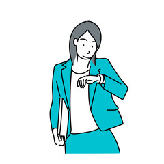 腕時計を確認するビジネスウーマンのベクターイラスト｜時間管理・出勤・スケジュール確認のシーン